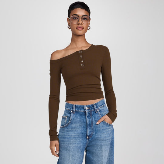 Damen asymmetrisches Langarmshirt mit Knopfleiste und figurbetontem Schnitt R&B