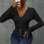 Damen Spitze Bodysuit mit V-Ausschnitt und langen Ärmeln R&B