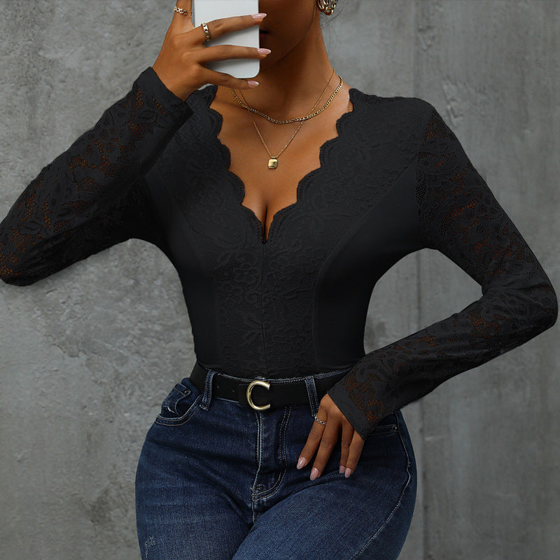 Damen Spitze Bodysuit mit V-Ausschnitt und langen Ärmeln R&B