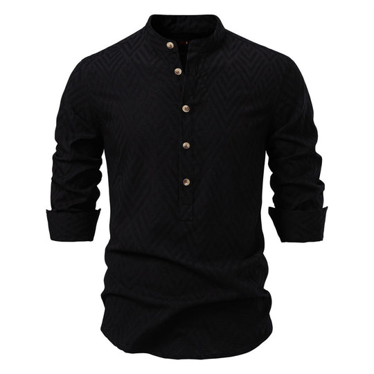 Herren nan Jacquard-Hemd mit Stehkragen, halber Knopfleiste und Holzoptik-Knöpfen R&B