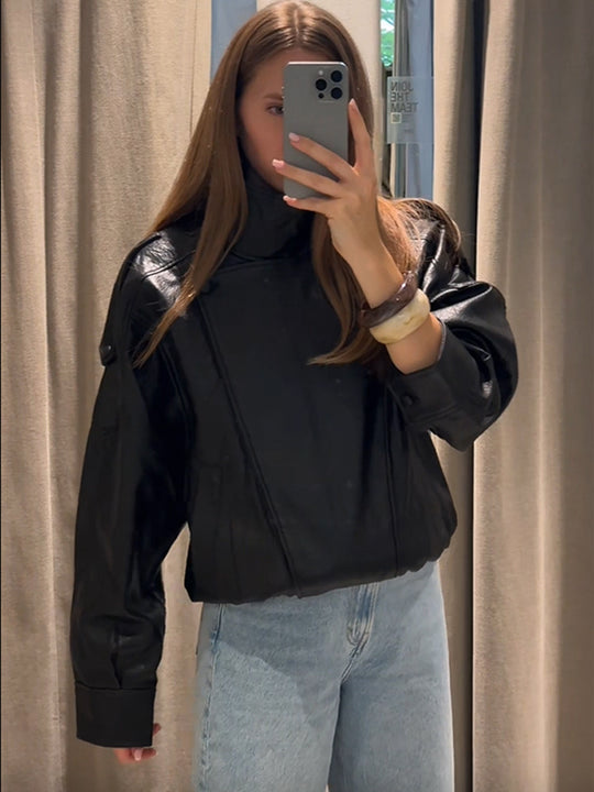Damen lässige Kunstlederjacke im Oversized-Schnitt R&B