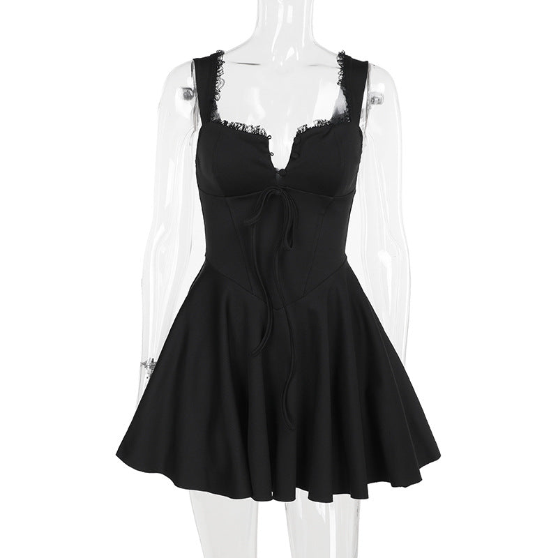 Damen schickes Kurzkleid mit Spitzenelementen und tailliertem Design R&B
