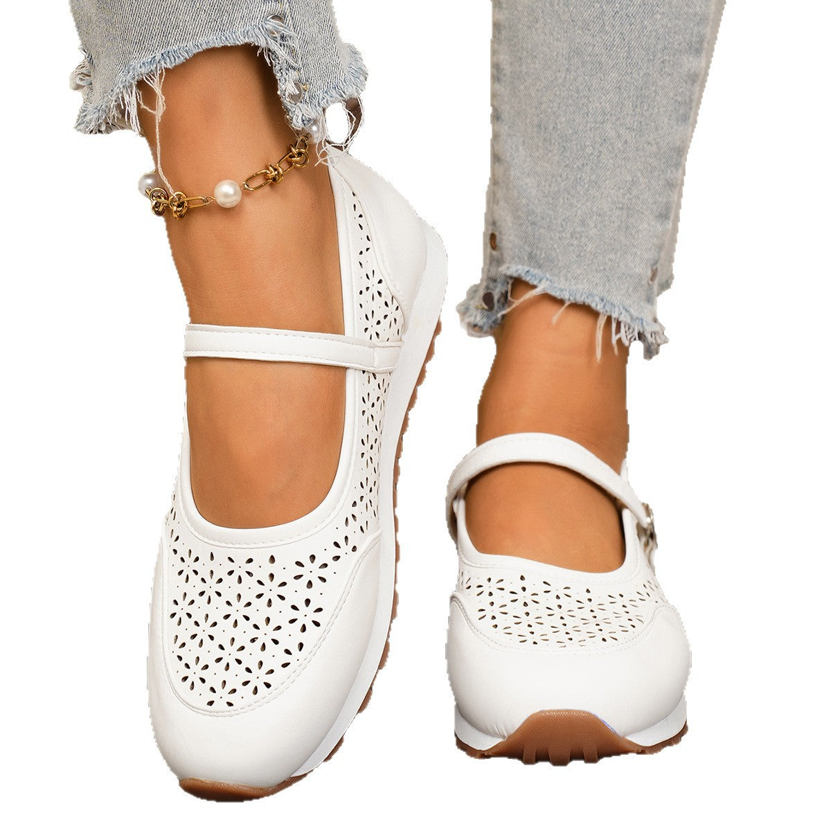 Damen Ballerina-Schuhe mit atmungsaktivem Lochmuster und verstellbarem Riemen R&B