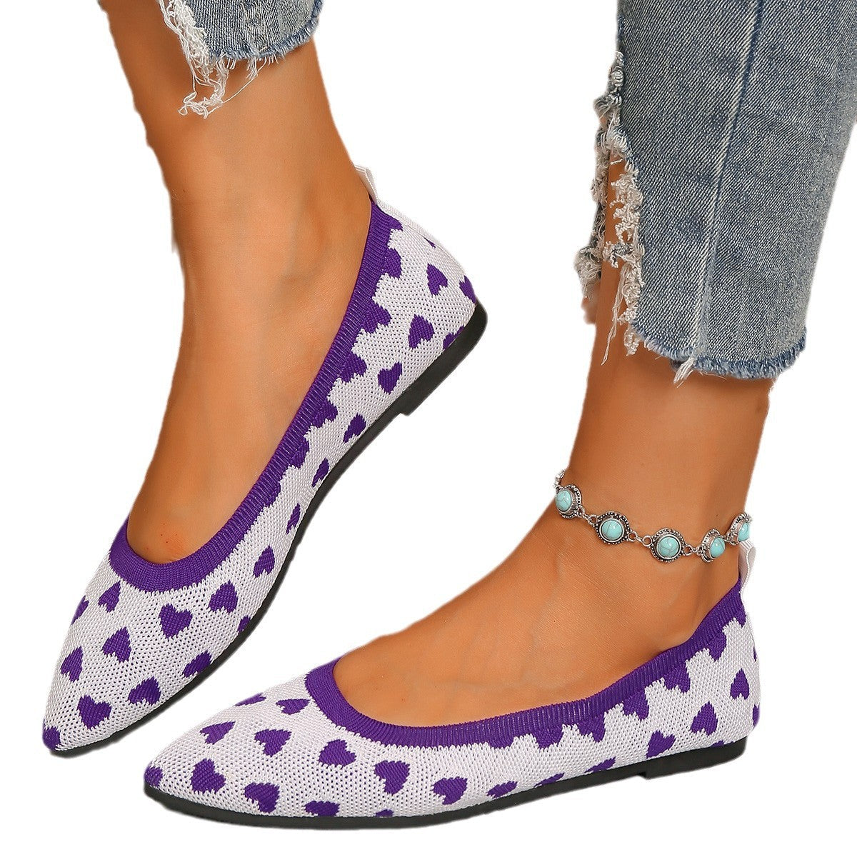 Damen Ballerinas aus weichem Strickmaterial mit Herzmuster und flexibler Sohle R&B