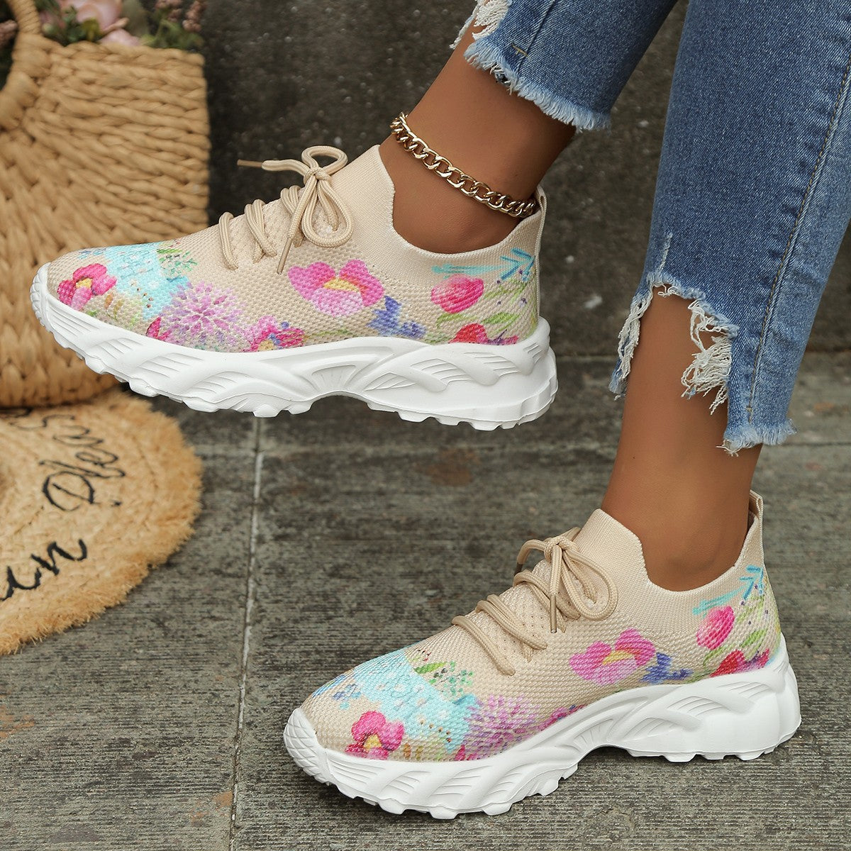 Damen Modische Sneaker mit floralem Jacquard-GewR&Be und luftiger Sohle R&B