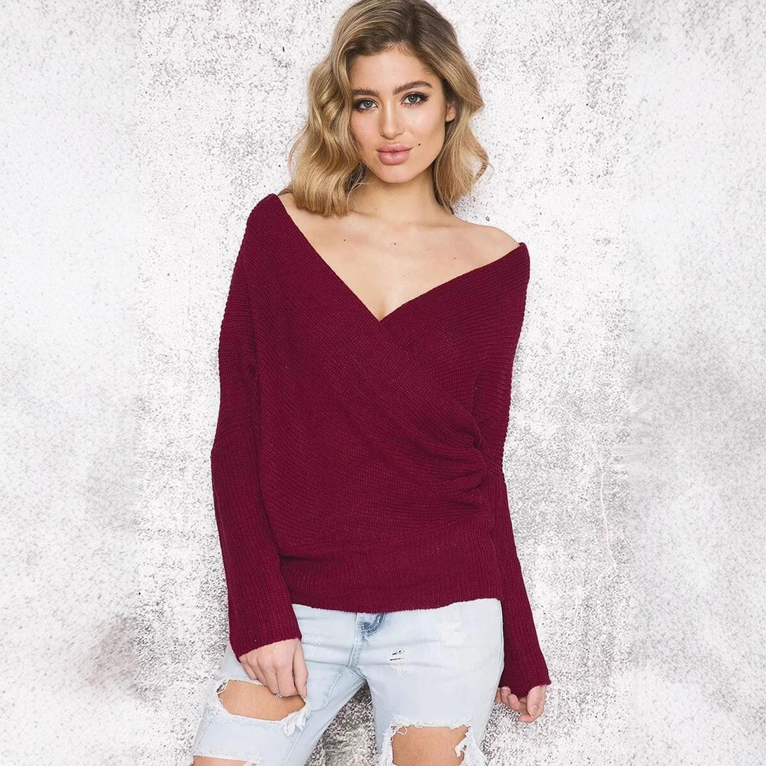 Damen Wickelpullover mit offenem Design und tiefem Ausschnitt R&B