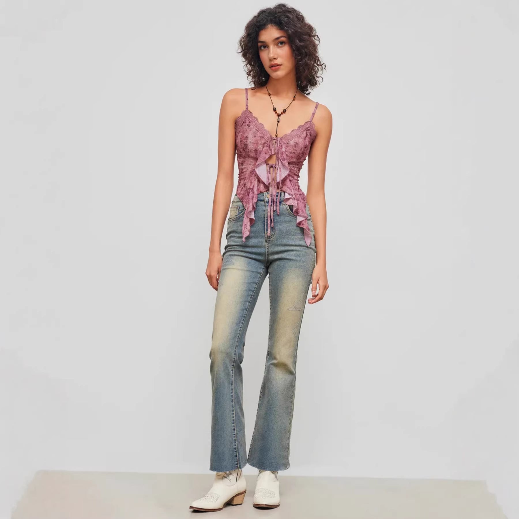 Damen Verspielte Spitzenbluse mit Rüschen R&B