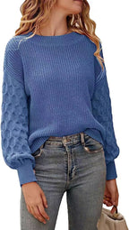Damen modischer Strickpullover mit strukturierten Ärmeln und Rundhalsausschnitt R&B