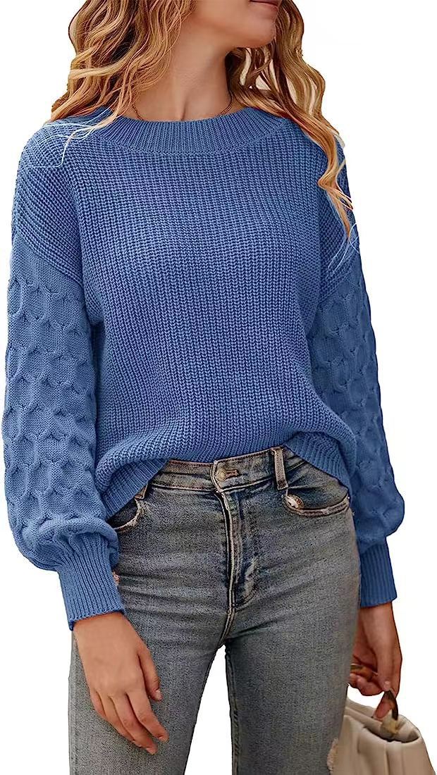 Damen modischer Strickpullover mit strukturierten Ärmeln und Rundhalsausschnitt R&B