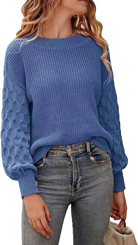 Damen modischer Strickpullover mit strukturierten Ärmeln und Rundhalsausschnitt R&B