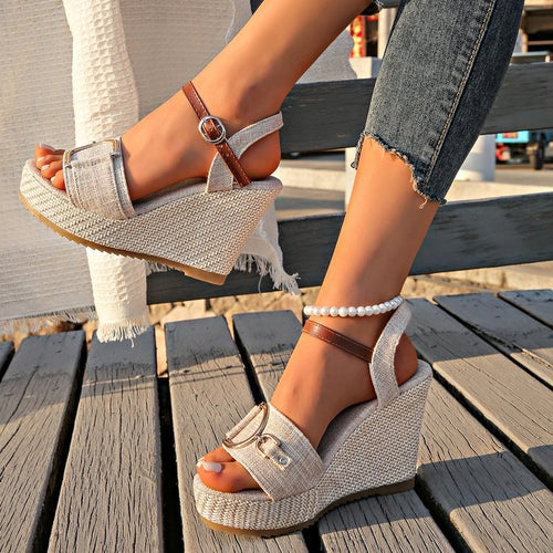 Damen Wedge-Sandalen mit verstellbarem Riemen und eleganter Schnallenapplikation R&B