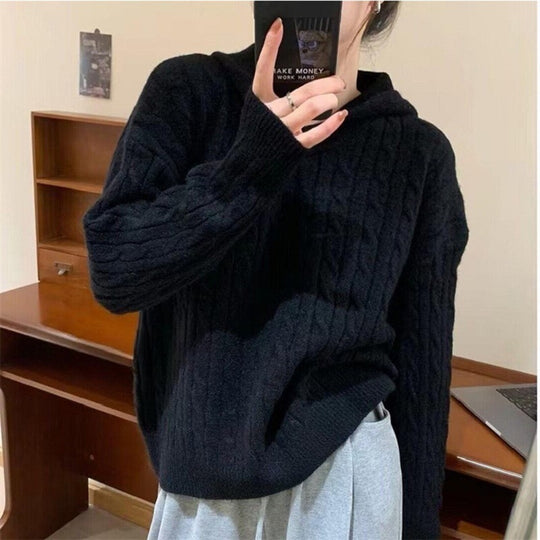 Damen Kuscheliger Strickpullover mit Kapuze und Kabelmuster R&B