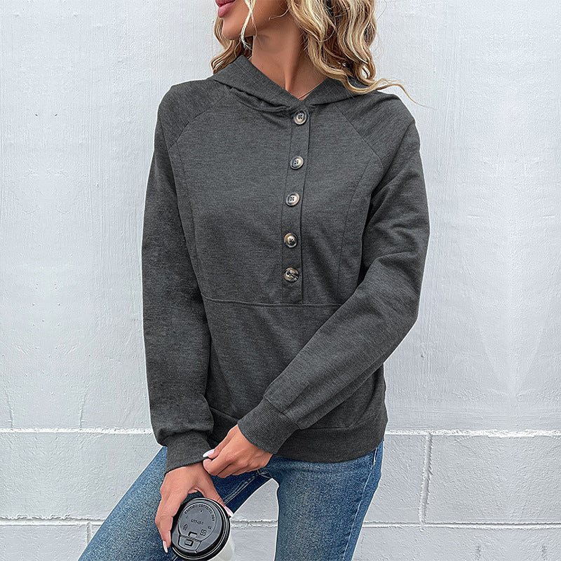 Damen lässiger Kapuzenpullover mit Knopfleiste und Raglanärmeln R&B