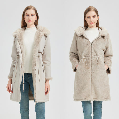 Damen Eleganter und warmer Parka mit abnehmbarem Kunstfellkragen und praktischen Schnürdetails R&B