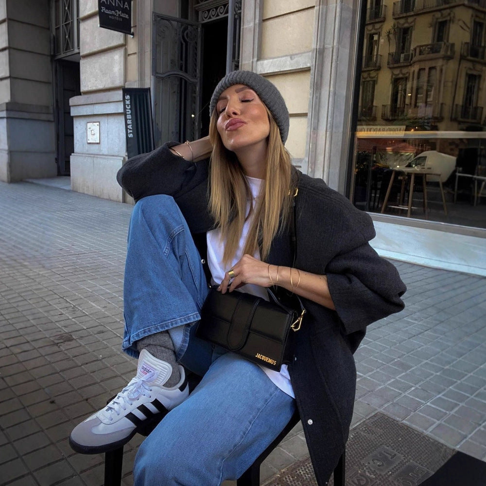 Damen Oversized Wolljacke mit knopflosem Design und weichem Innenfutter R&B