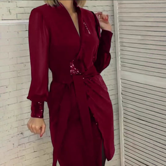 Damen nan tailliertes Wickelkleid mit semitransparenten Puffärmeln, dezentem Paillettenbesatz und Bindegürtel R&B