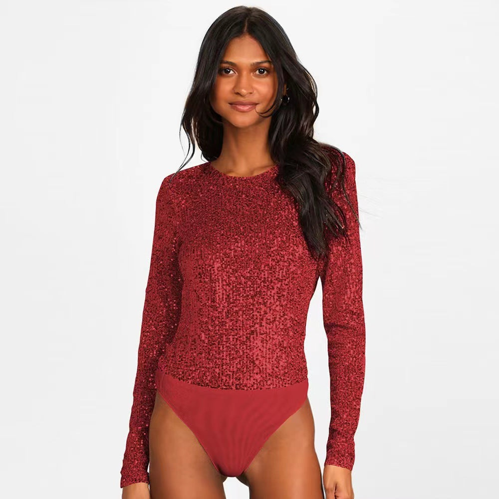Damen Funktionsreicher Pailletten-Bodysuit mit langem Arm R&B