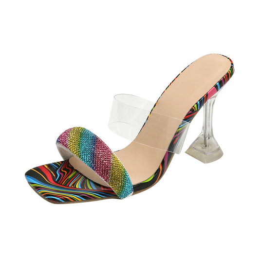 Damen modische Sandalen mit transparenten Trägern und funkelndem Strass R&B