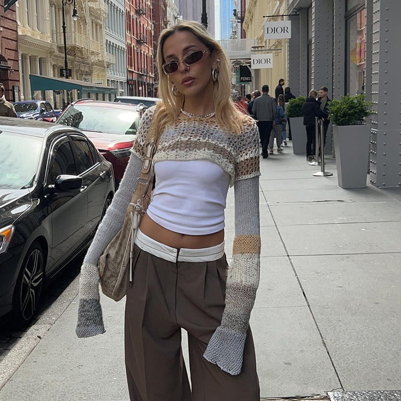 Damen gehäkeltes Crop-Top mit langem Arm und bunten Streifen R&B