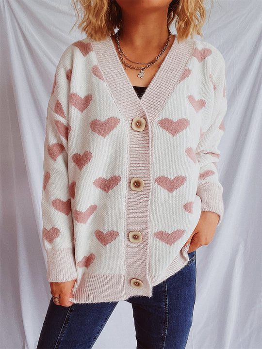 Damen Strickjacke mit herzförmigem Muster und knöpfbarem Design R&B