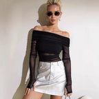 Damen Off-Shoulder Langarmshirt aus leicht transparentem Stoff mit raffiniertem Drapierungseffekt R&B