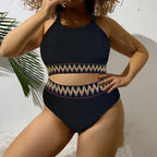 Damen Sportlicher Zweiteiliger Badeanzug mit einzigartigem Cut-Out-Design und buntem Bannermuster R&B