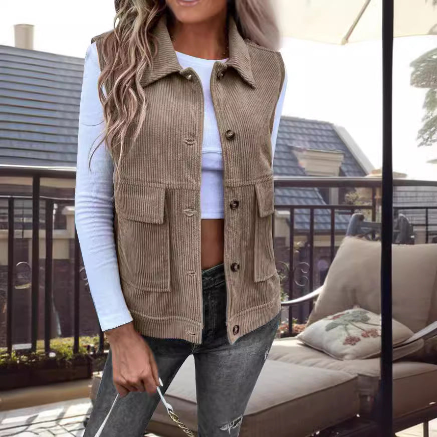 R&B | Ärmellos Corduroy Lockere Passform Knopföffnung Taschen