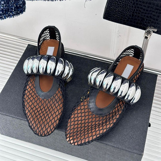 Damen Ballerinas mit glitzerndem Riemen und luftiger Netzoberfläche R&B