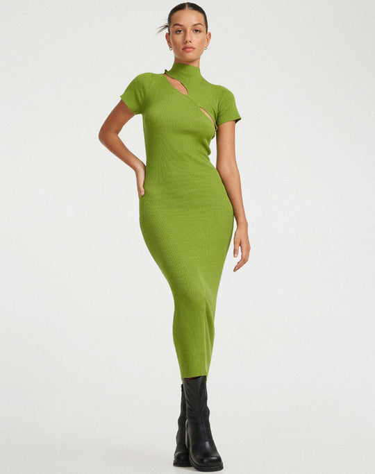 Damen figurbetontes Strickkleid mit asymmetrischem Ausschnitt und hohem Kragen R&B