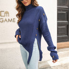 Damen Grobstrickpullover mit hochgeschlossenem Hals und dekorativen Knopfdetails R&B