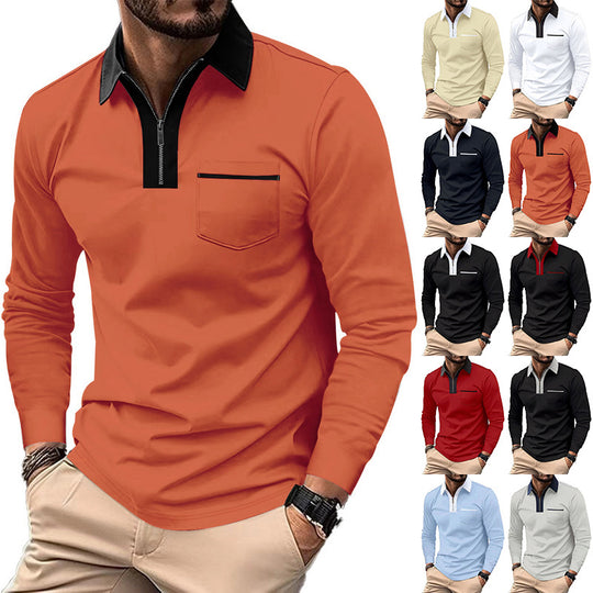 Herren nan elegantes Langarm-Poloshirt mit markantem Stehkragen Metall-Kurzreißverschluss und Brustleistentasche R&B