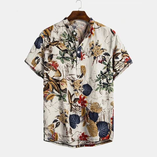 Herren Kurzarm-Henley-Hemd mit floralem Design und hochwertigem Baumwollmaterial R&B