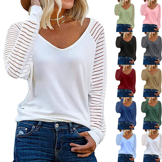 Damen Langärmliges V-Ausschnitt Shirt mit gestreiften Ärmeln R&B