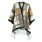 Damen eleganter Poncho mit modernem Karomuster und Fransen
