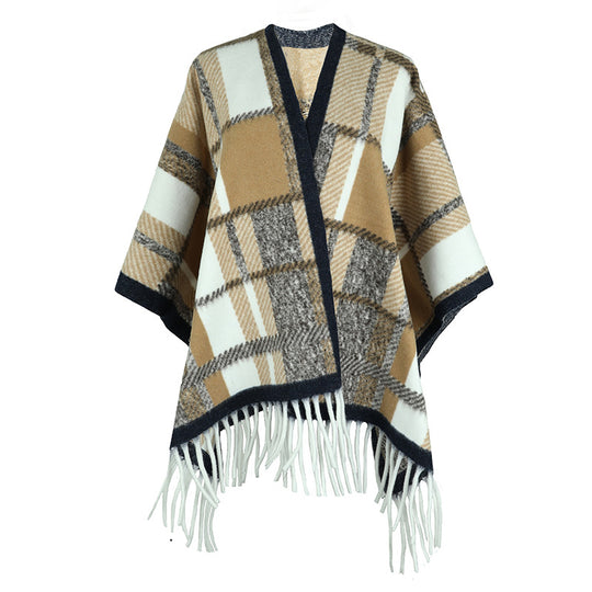 Damen eleganter Poncho mit modernem Karomuster und Fransen R&B