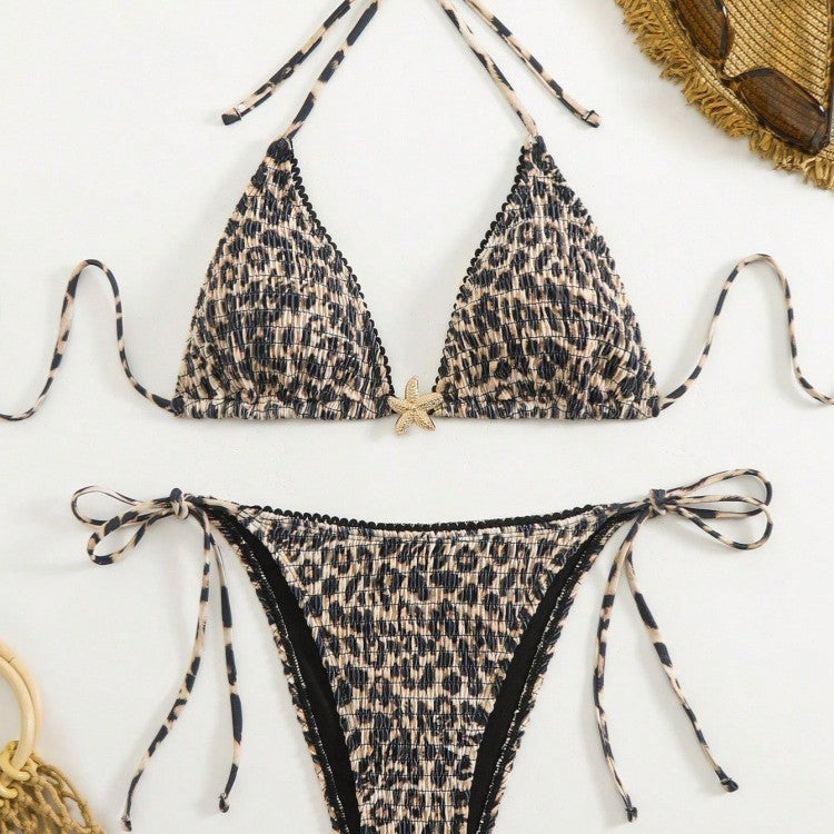 Damen Triangel-Bikini mit modischem Leopardenmuster und seitlichen Bindebändern R&B