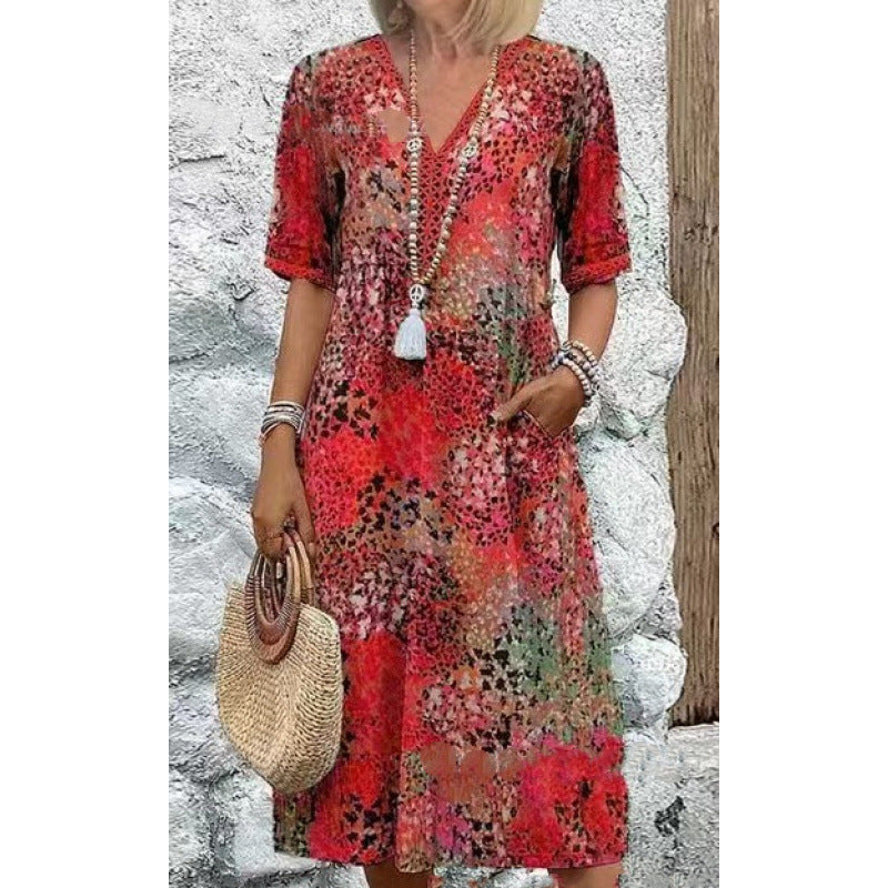 Damen Strandkleid im lässigen Stil mit Taschen und V-Ausschnitt R&B