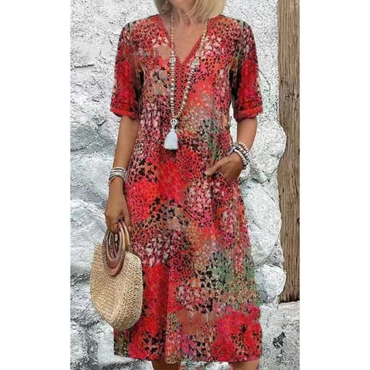 Damen Strandkleid im lässigen Stil mit Taschen und V-Ausschnitt R&B