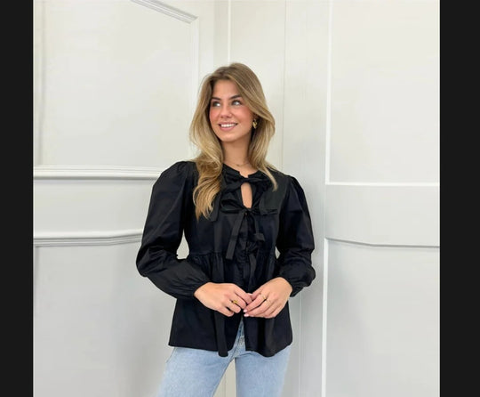 Damen elegante Bluse mit Rüschendetails und Bindeband R&B