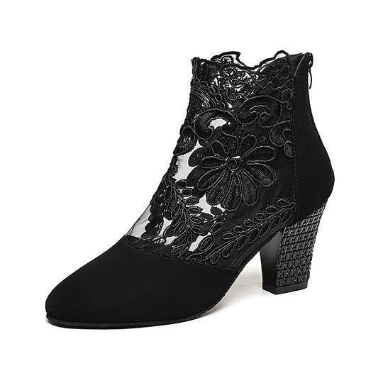 Damen Elegante Schnürstiefeletten mit floralem Spitzen-Design und blockiertem Absatz R&B
