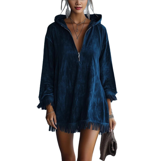 Damen Kapuzenpullover mit Fransen und tiefem Ausschnitt R&B