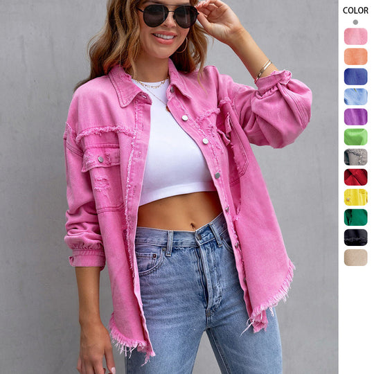Damen Jeansjacke im lässigen Oversize-Schnitt mit fransigen Details R&B