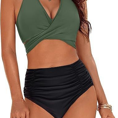 Damen Hochtailliertes Bikini-Set mit verstellbarem Oberteil und eleganter Raffung R&B