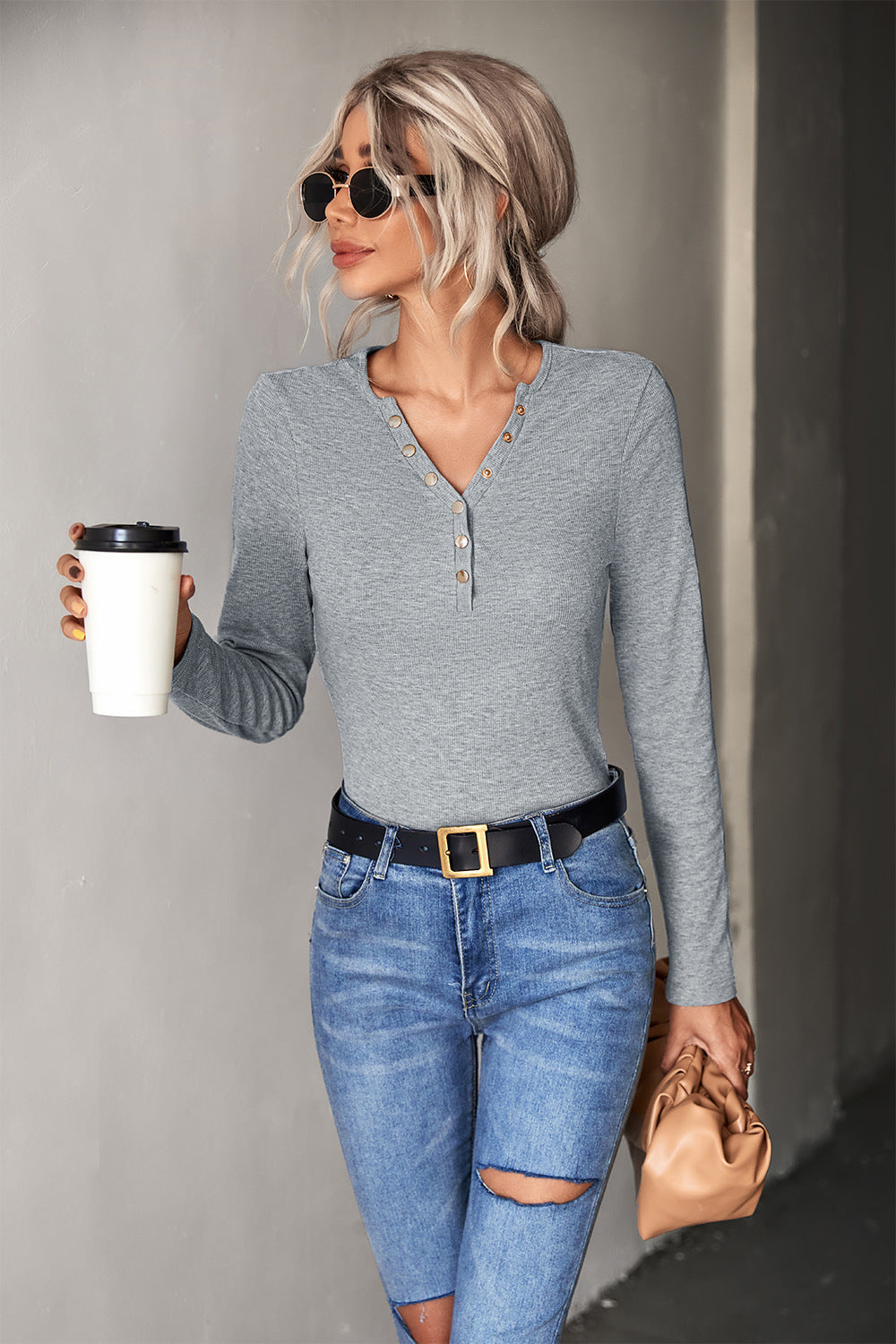 Damen Langarmshirt mit modischer Knopfleiste R&B