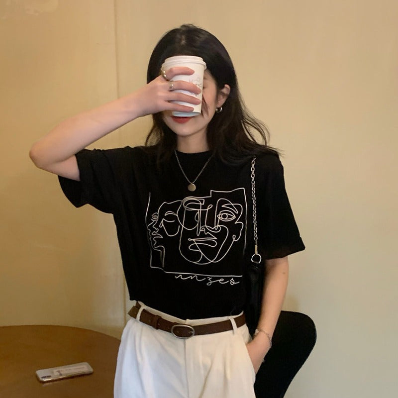 Damen Grafik T-Shirt mit modernem Linienkunst-Motiv und lässiger Passform R&B
