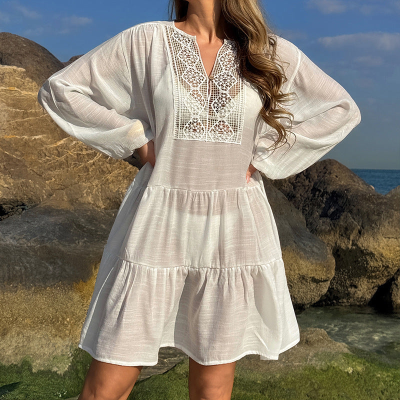 Damen luftiges Strandkleid mit Spitzenbesatz und Wasserfall-Saum R&B