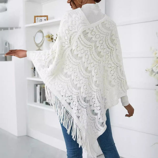 Damen Strickponcho mit kunstvollen Häkelmustern und Fransen R&B