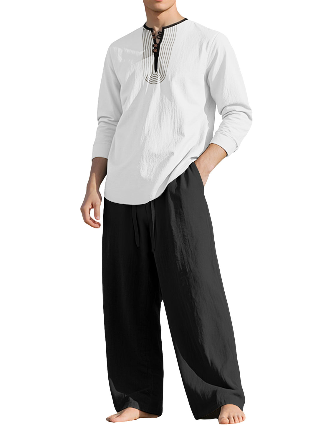 Herren nan Tunika- und Palazzohose-Set mit Henley-Blende, Zierstickerei und weitem Schnitt R&B