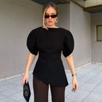 Damen Bluse mit voluminösen Puffärmeln und asymmetrischem Saum R&B