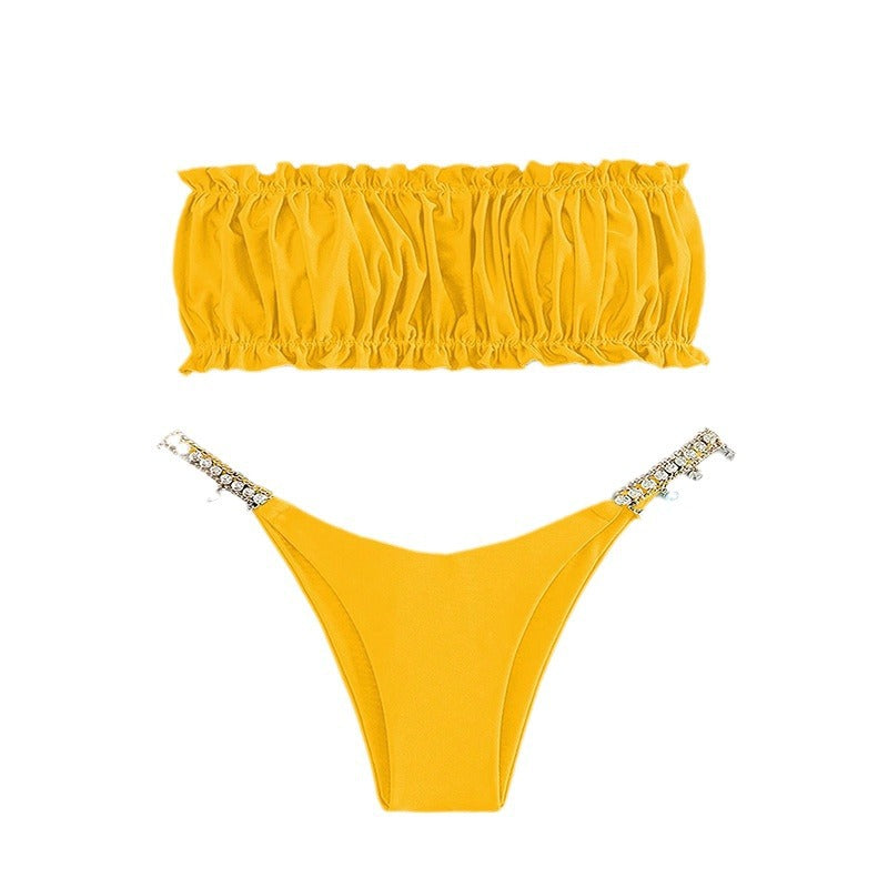 Damen Bandeau-Bikini mit Rüschendetails und eleganten Perlendekoren R&B